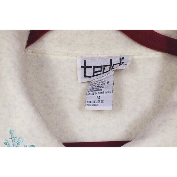 Vtg 80s Teddi Fleece longline button up coat Jacket Medium Embroidered cottage - Picture 8 of 8